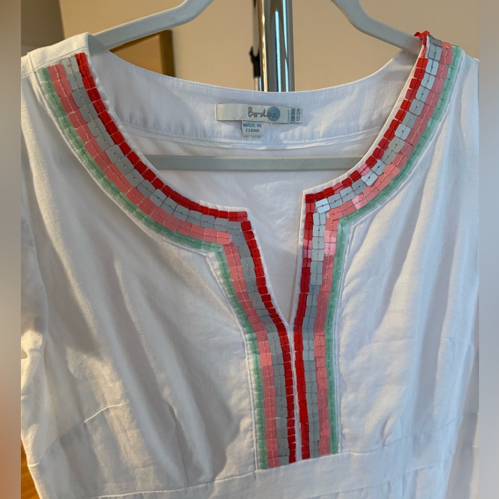 Boden white linen Sorrento lined dress with flat square beaded neckline detail. - Picture 6 of 8